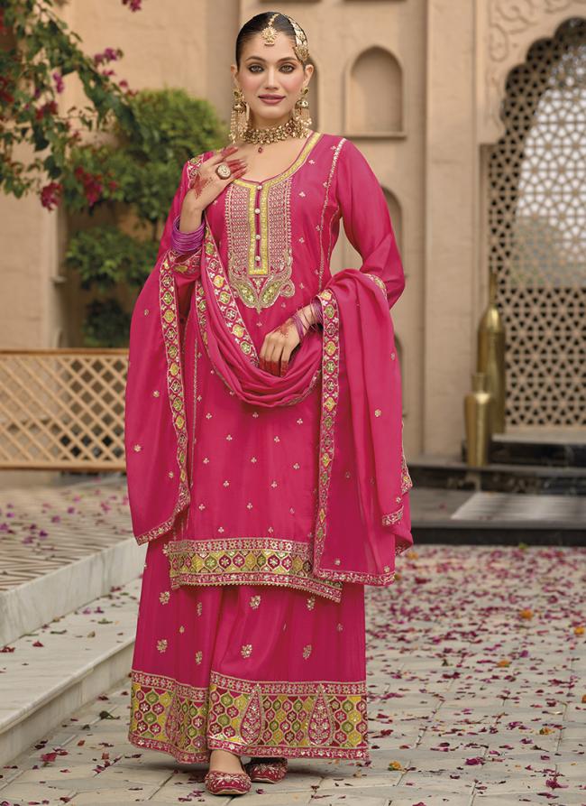 Chinnon Hot Pink Wedding Wear Zari Work Readymade Plazzo Suit